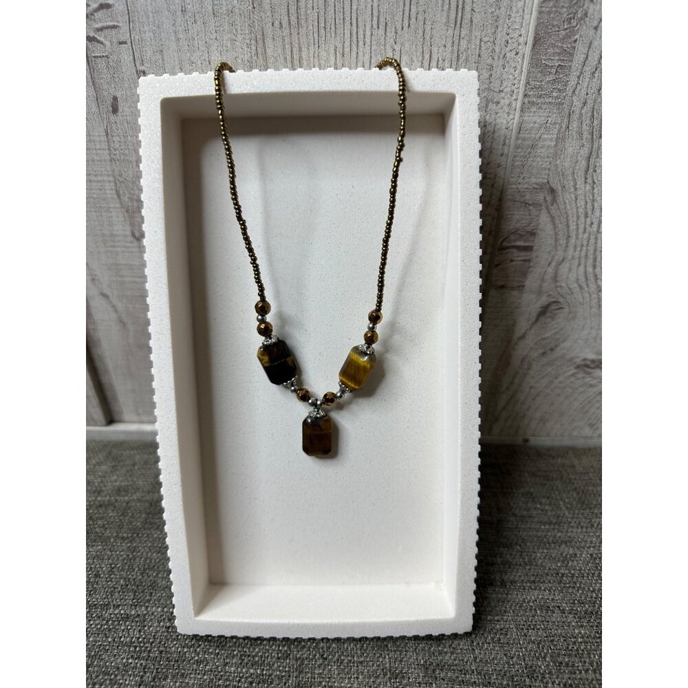 Beaded Necklace With Tiger Eye Stones & Adjustable Chain Womens Fashion
